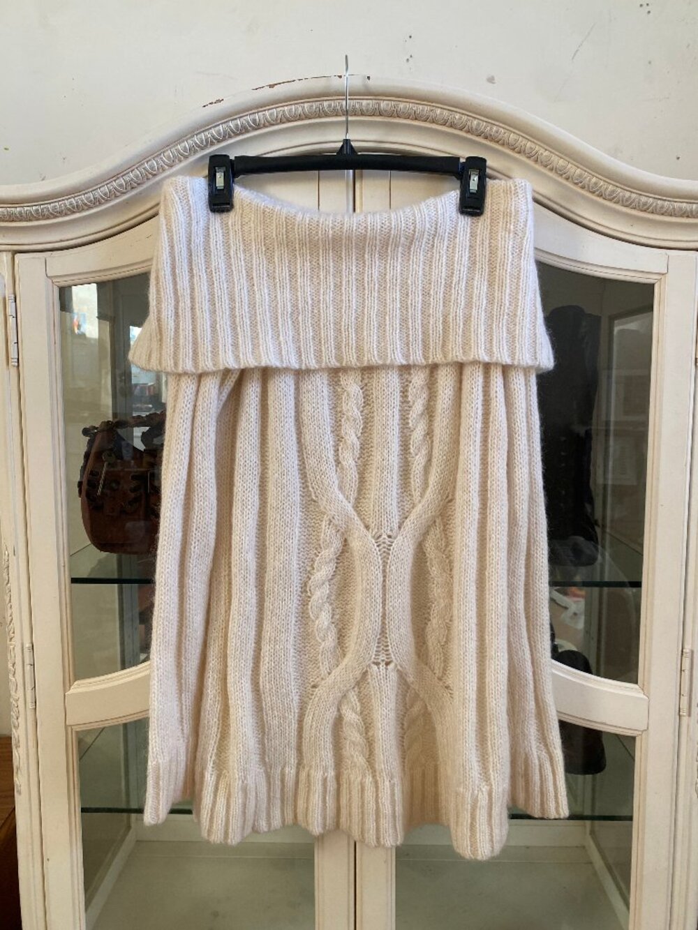Anne Klein White Wool Off the Shoulder Cable Knit Sweater Dress